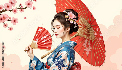 Serene woman holding fan and parasol in blue kimono, cultural beauty