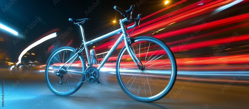 Fototapeta premium Night road bike, city lights blur, urban cycling