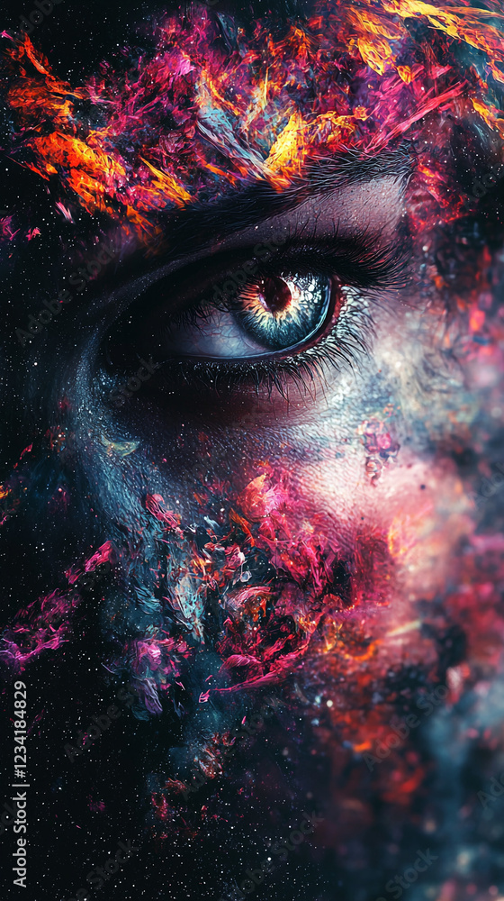 Naklejka premium Cosmic Eye Abstract Nebula Galaxy Fantasy Art Woman s Eye Close up