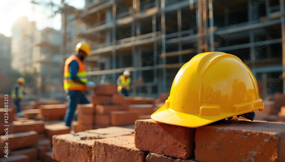 construction helmet view showing workers and building site construction helmet view showing workers and building site
