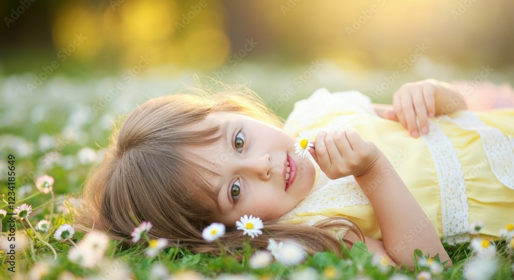 Caucasian young girl lying in field of daisies at sunset Caucasian young girl lying in field of daisies at sunset