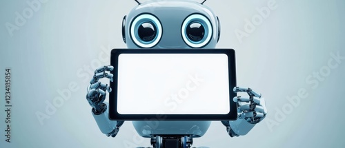 Cute robot with big eyes holding tablet with blank white screen photo