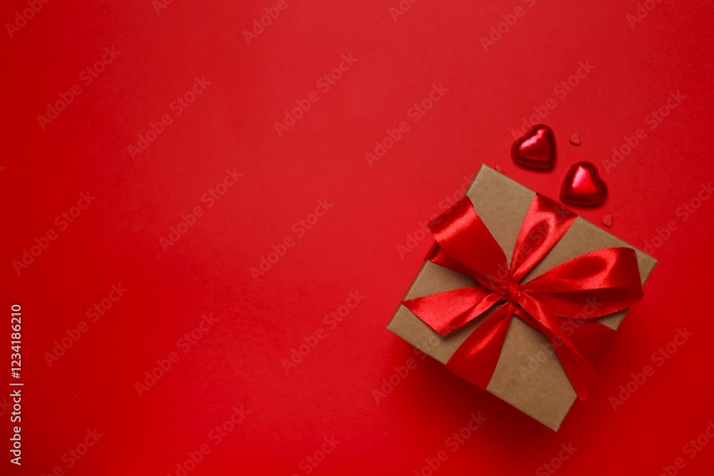 Gift box with red hearts on color background Gift box with red hearts on color background