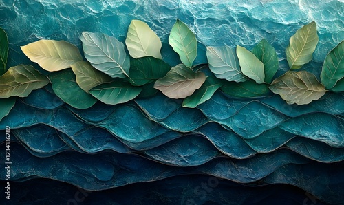 Wallpaper Mural Teal wave texture with green leaves, nature background, design element Torontodigital.ca