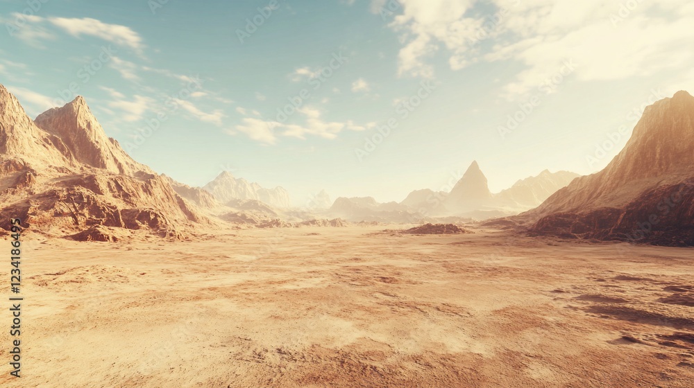 Naklejka premium Desert landscape, sunlit valley, mountains, haze, travel brochure