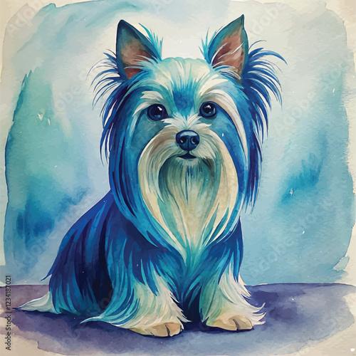A beautifully detailed watercolor painting of a Yorkshire Terrier with its distinctive small frame