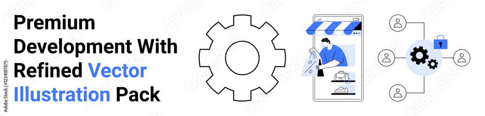 Gear icon, person managing store app interface, connected users with lock. Ideal for technology, teamwork, security, e-commerce, app management, web development flat landing page banner Gear icon, person managing store app interface, connected users with lock. Ideal for technology, teamwork, security, e-commerce, app management, web development flat landing page banner