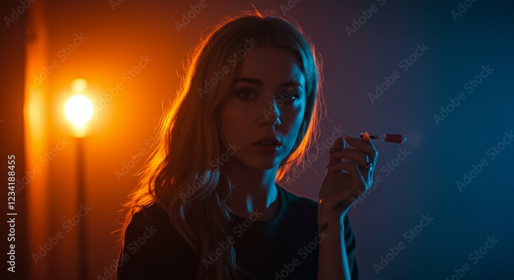 Obraz premium Woman Smoking in Dramatic Blue Orange Lighting Photography