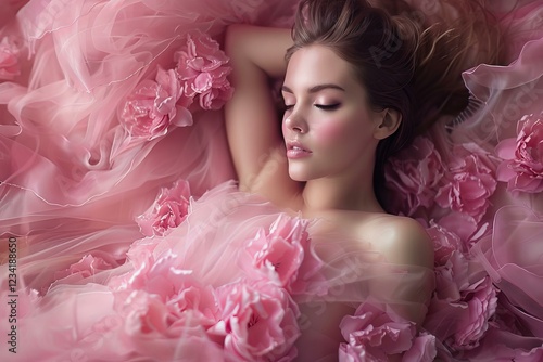 Fashion portrait of a beautiful model sleeping on a pink dress decorated with flowers