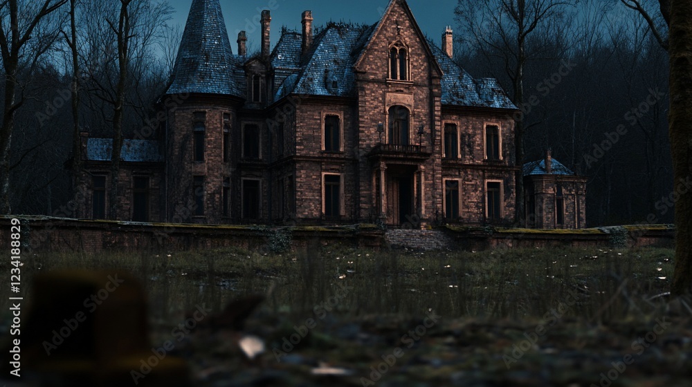 Obraz premium Creepy stone mansion, twilight forest, abandoned, mystery, game background