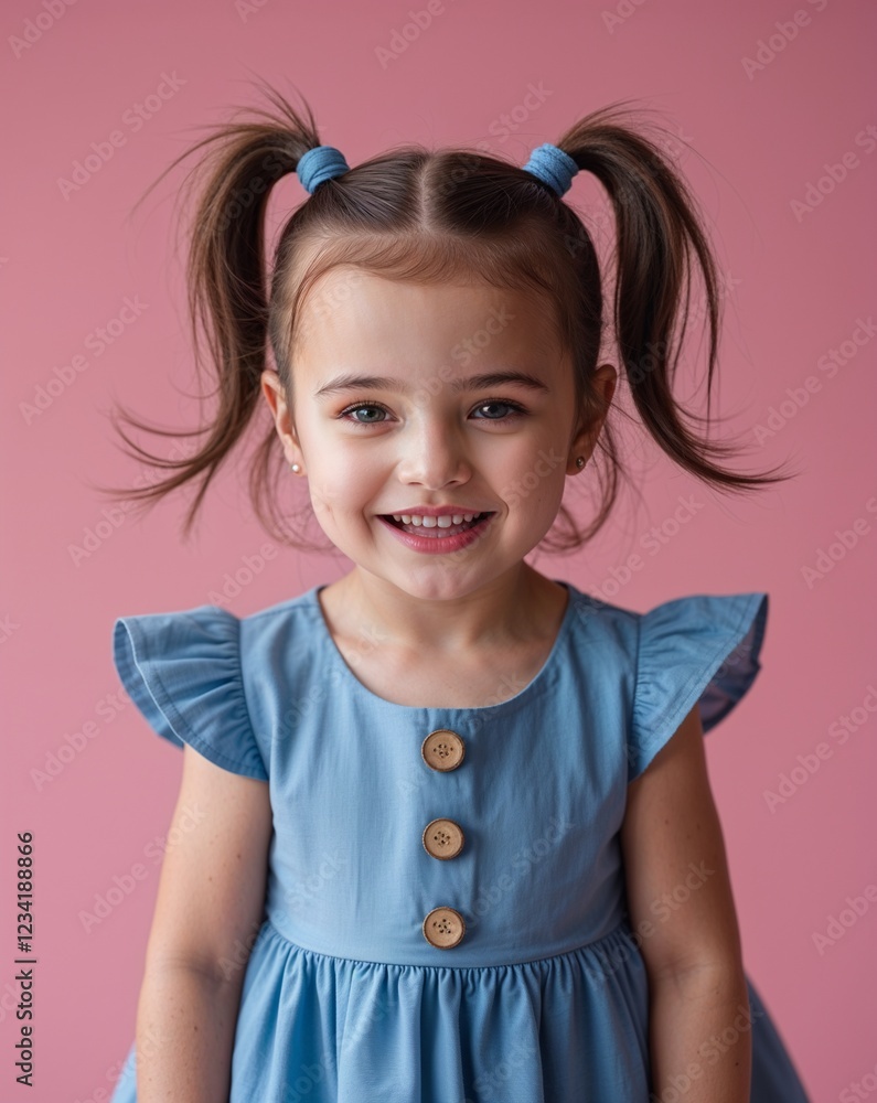 Toddler Caucasian girl happy pigtails blue dress on pink background Toddler Caucasian girl happy pigtails blue dress on pink background