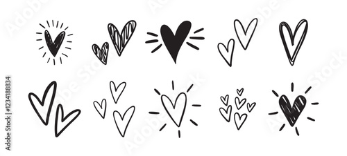 Charming hearts set. Hand Drawn Heart Doodle. Drawing outline hearts Convey Love, Affection And Creativity