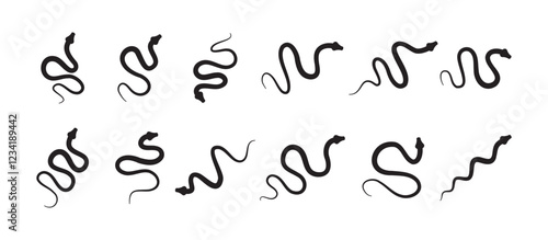 Black silhouette snake icon set. Isolated snake symbol on white background. Abstract snake sign