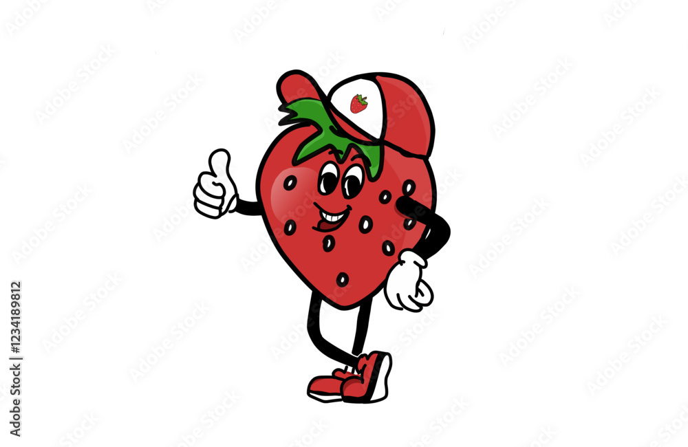 Fototapeta premium Strawberry mascot character wearing cartoon fruit hat giving thumbs up