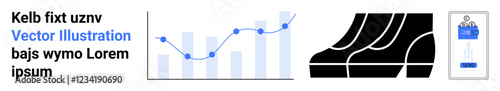 Bar graph with line chart overlay, abstract staircase, hanging badge design. Ideal for marketing, progress tracking, business growth, minimal art, ID systems, corporate goals flat landing page