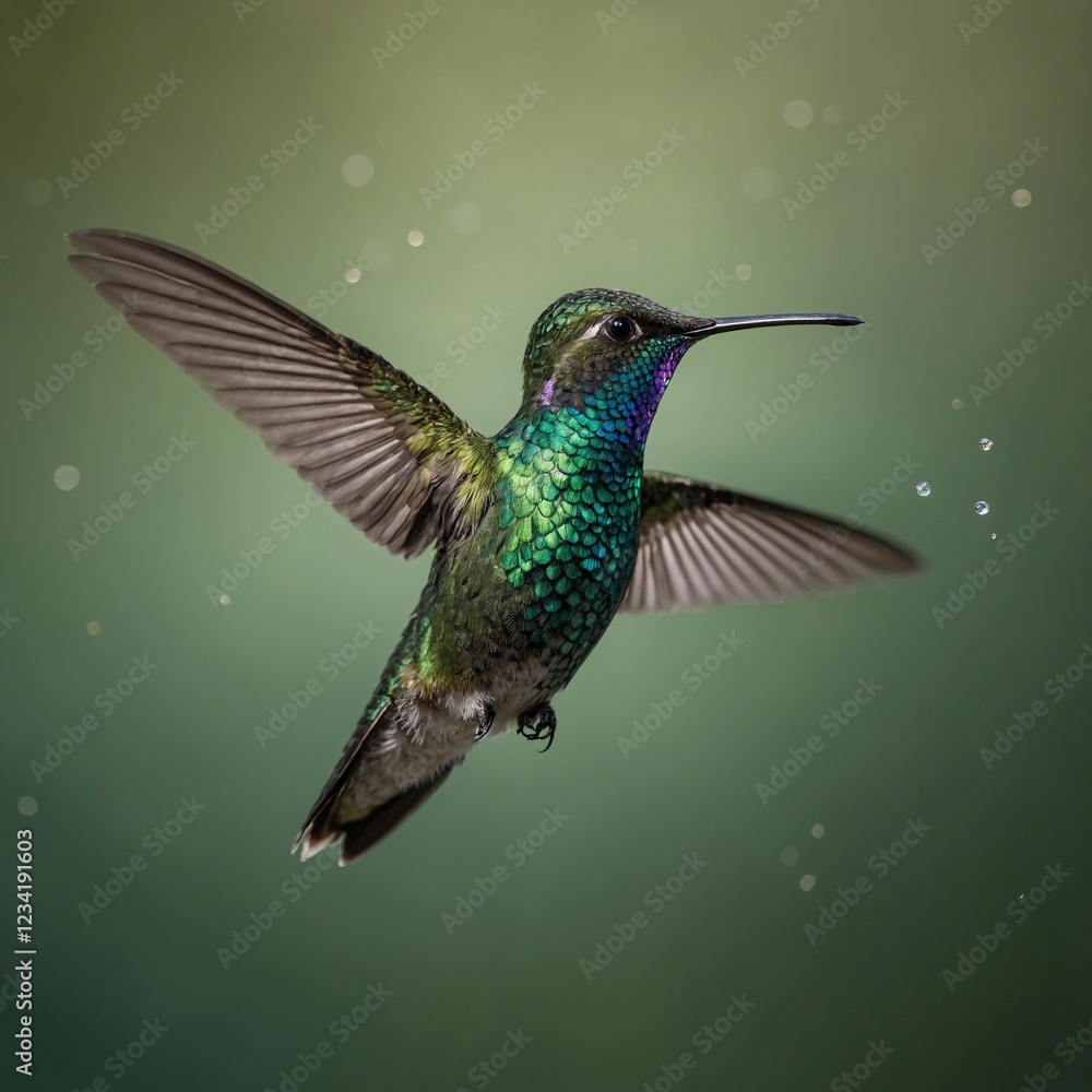 Fototapeta premium A tiny hummingbird hovering mid-air, its iridescent green feathers shimmering.