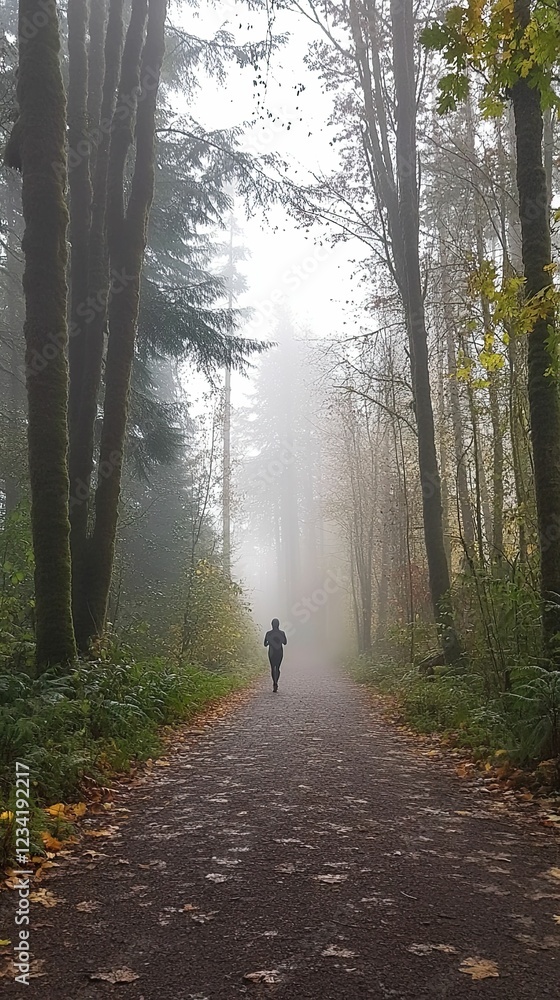 Fototapeta premium Person jogging misty wooded path; autumn leaves.