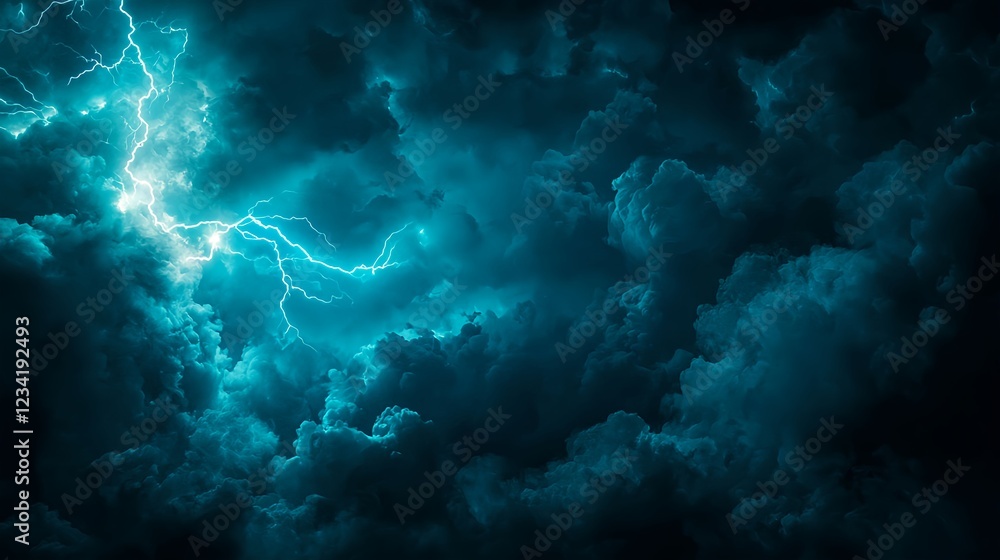 Fototapeta premium Dark Blue Storm Clouds with Bright Lightning at Night