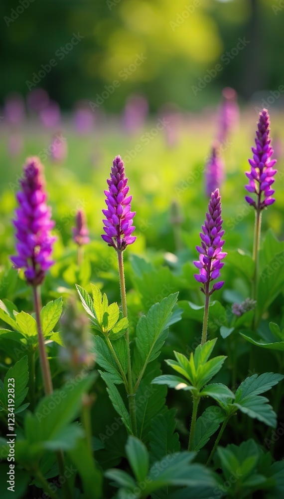 Obraz premium A lush carpet of Salvia nemorosa Caradonna Balkan Clary in a sunny meadow, texture, stems