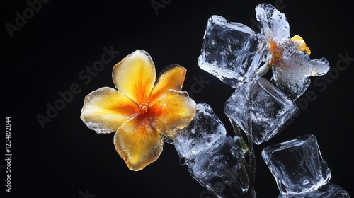 Frozen flower, ice cubes, dark background, studio shot, nature photography photo