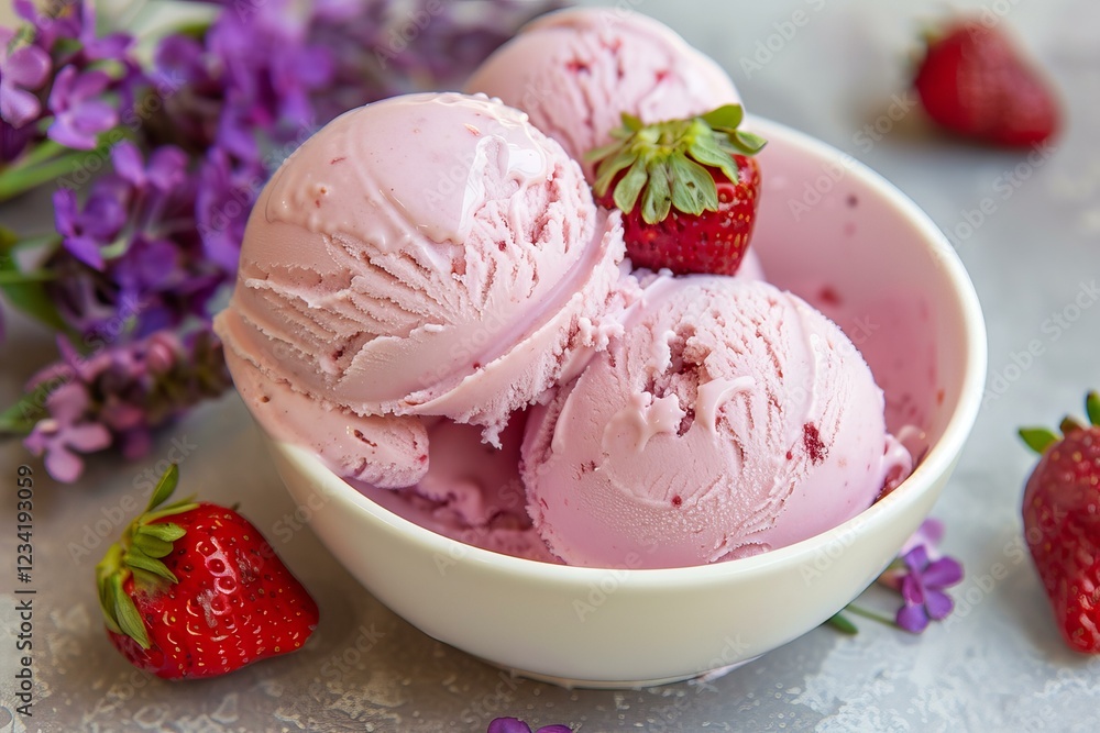 Refreshing strawberry ice cream scoops sitting in white bowl, decorated with fresh strawberries and flowers Refreshing strawberry ice cream scoops sitting in white bowl, decorated with fresh strawberries and flowers