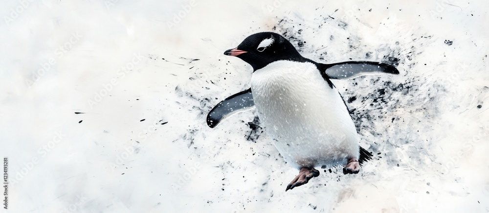 Obraz premium Antarctic Penguin Diving Snowy Water Splash