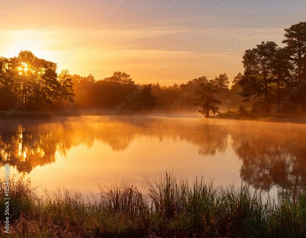 Fototapeta premium A tranquil lake at sunrise with mist rising above the water and the reflection of surrounding trees.