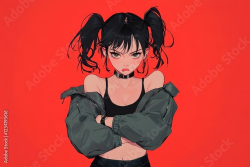 Feisty Anime Girl with Twin-Tails and Adorable Annoyed Pout in Cropped Jacket photo