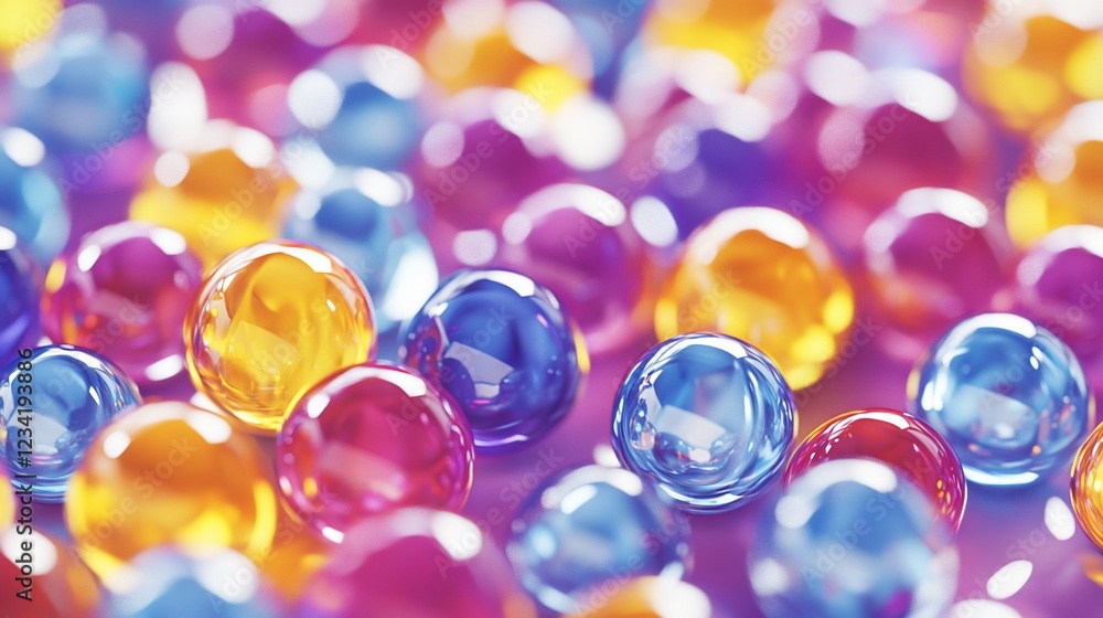 Colorful spheres scattered on purple surface, bokeh background, advertising Colorful spheres scattered on purple surface, bokeh background, advertising