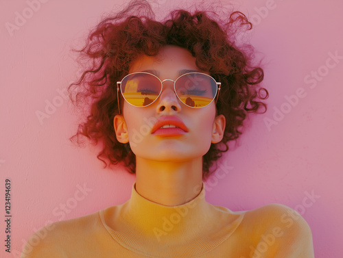 Wallpaper Mural Vibrant pink background sets the stage for a striking figure with curly hair, showcasing stylish sunglasses and a confident gaze. This artistic portrayal radiates personality and flair. Generative AI Torontodigital.ca