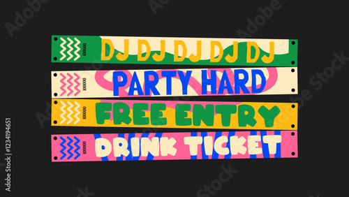 Wristband control bracelets for party, weekends, holiday, dj, party hard, free entry, drink ticket. Vector mockup of a party bracelet in a cartoon style