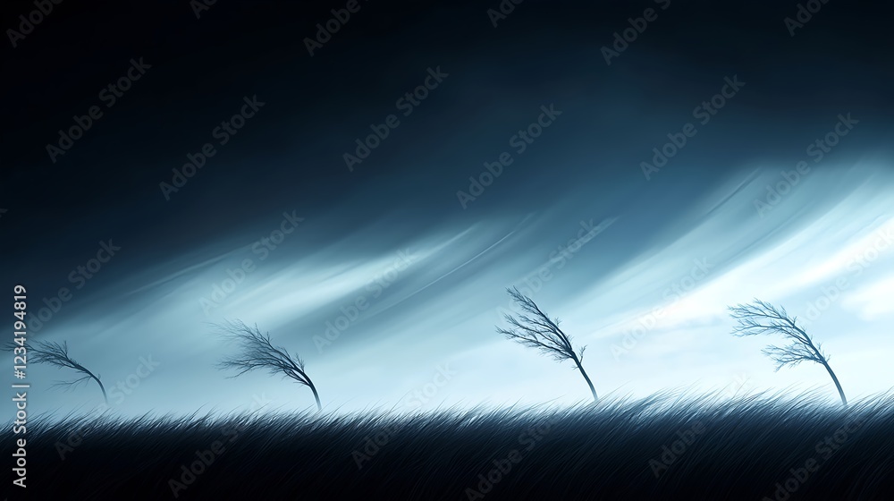 Obraz premium Dark Blue Stormy Night Landscape with Windswept Grass
