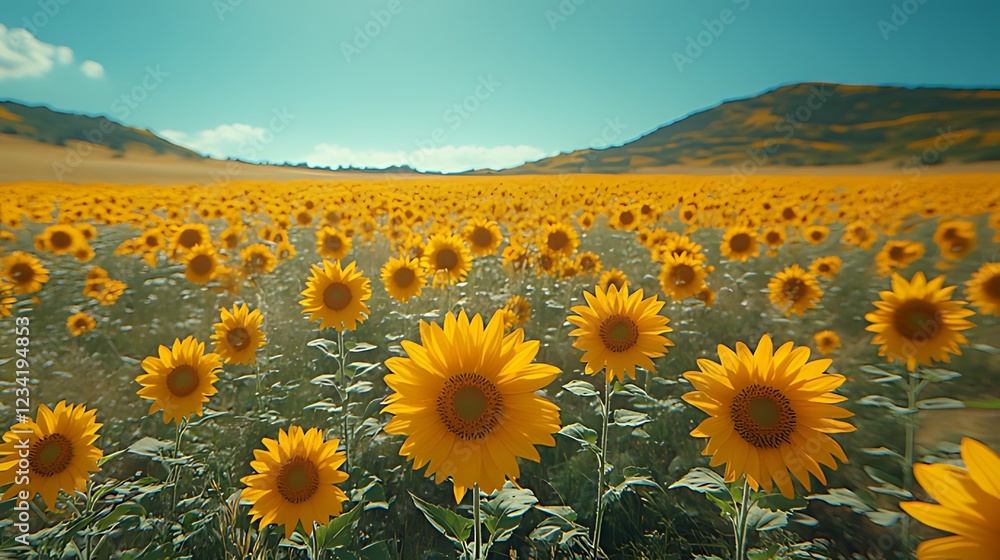 Fototapeta premium Sunflowers blooming in vast field, hills background, summer day, idyllic scene