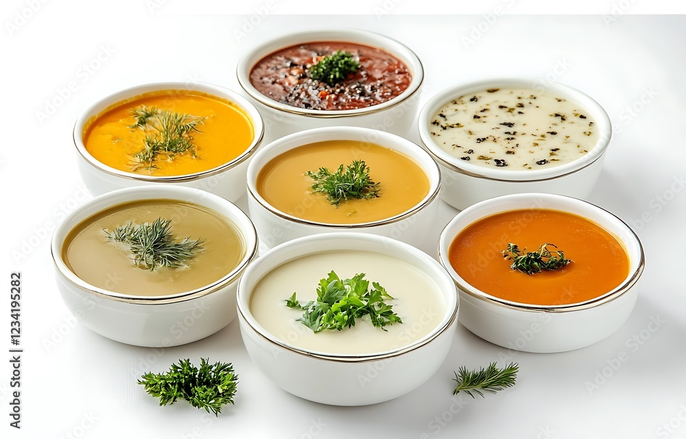 Delicious Variety of Homemade Soups Kitchen Setting Food Photography Bright Lighting Culinary Art Delicious Variety of Homemade Soups Kitchen Setting Food Photography Bright Lighting Culinary Art