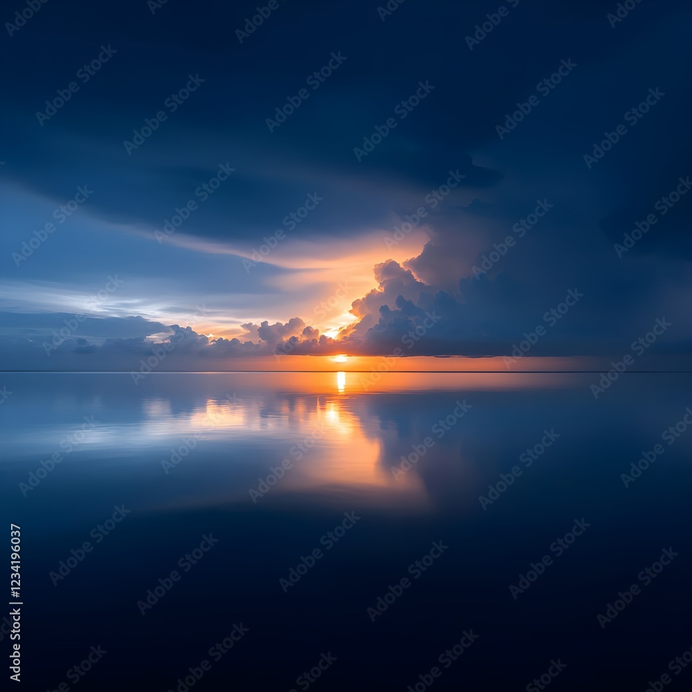 Fototapeta premium Dark Blue Sunset Over Calm Ocean Water