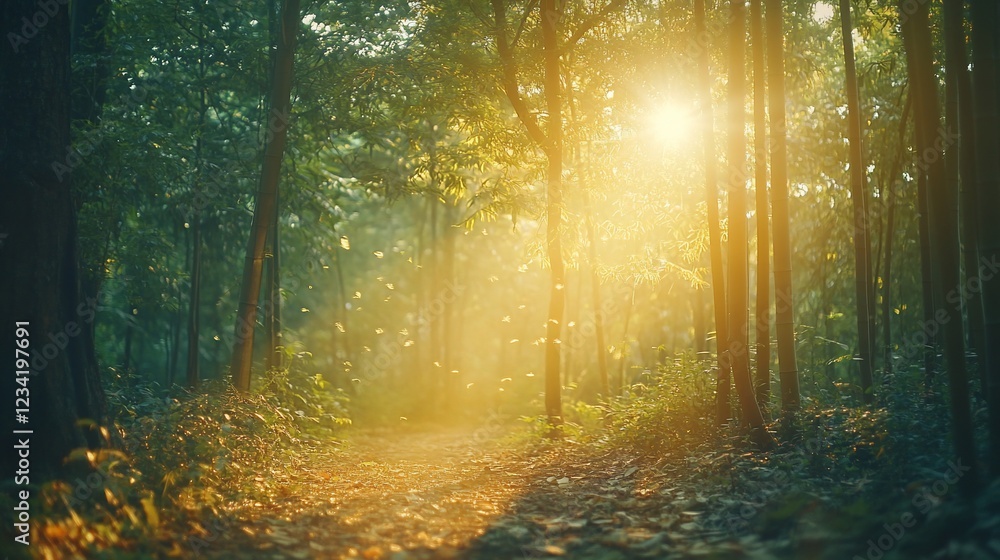 Naklejka premium Sunlit forest path, dust motes, summer morning, peaceful scene, nature background