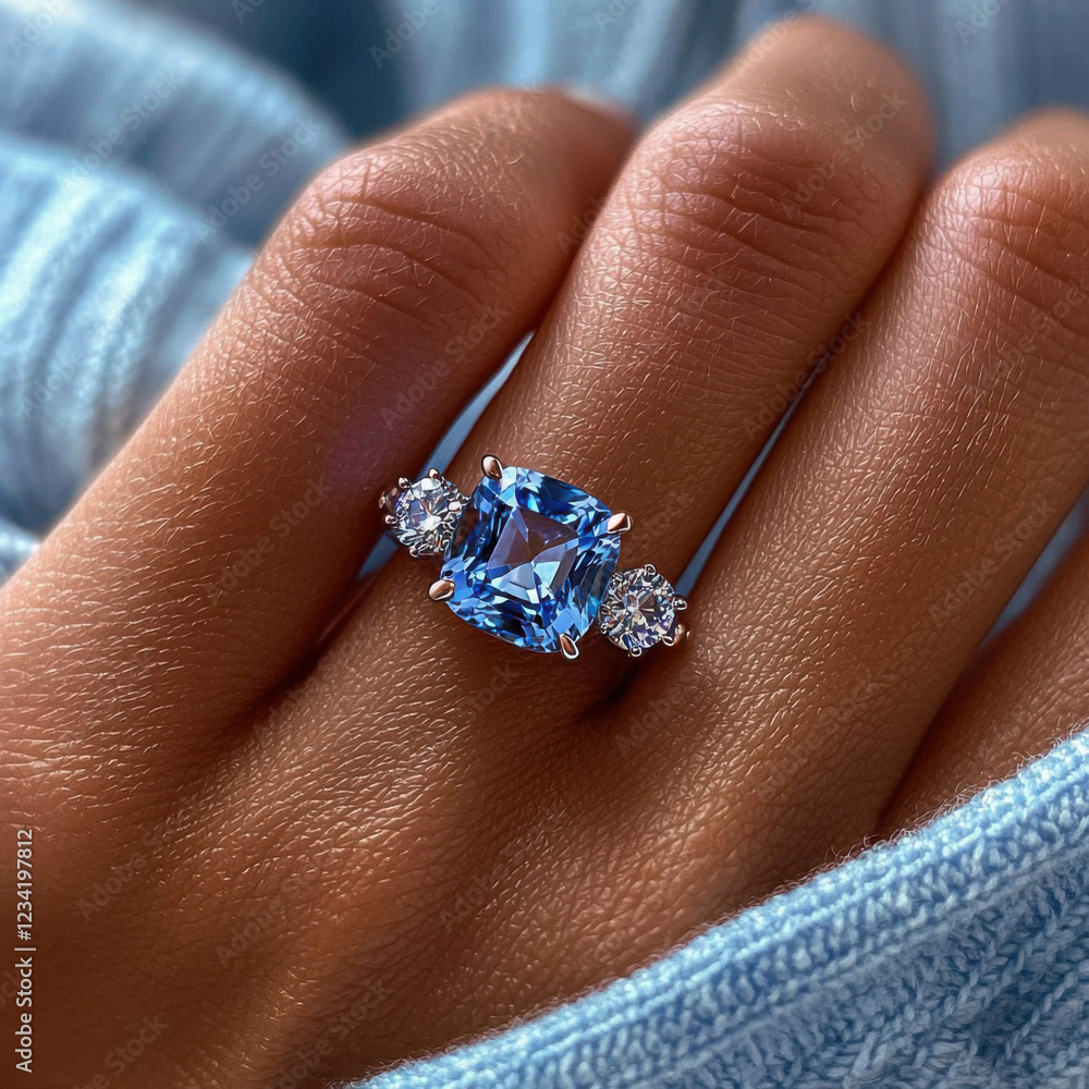 A macro shot photograph of a blue cushion cut moissanite with three round stones on the sides worn on a hand. Sterling silver material. Extreme sparkle and light refraction. A macro shot photograph of a blue cushion cut moissanite with three round stones on the sides worn on a hand. Sterling silver material. Extreme sparkle and light refraction.
