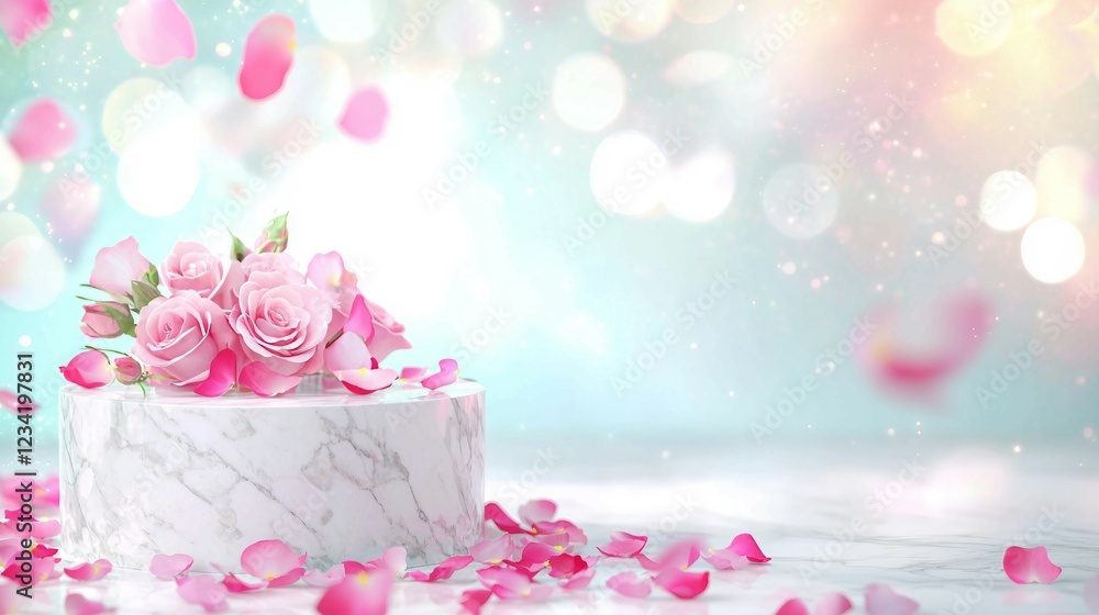 Elegant Cake with Roses and Petals on Soft Colorful Background Elegant Cake with Roses and Petals on Soft Colorful Background