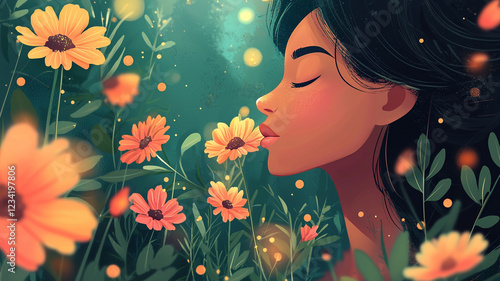 Woman Inhaling Flower Fragrance Peaceful Nature Scene Floral Illustration