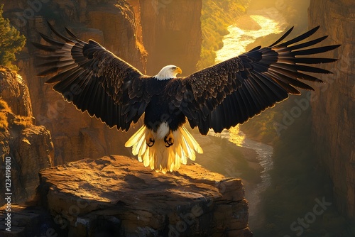 Wallpaper Mural A majestic bald eagle landing on a rocky cliff, wings wide open, talons outstretched, sunlight catching its feathers as it approaches, intense gaze focused on its landing. Torontodigital.ca