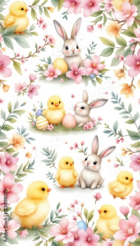 Cute spring bunny and chick pattern with flowers and easter eggs