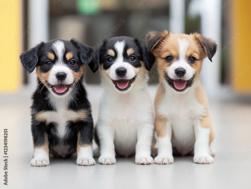 Three adorable puppies of different breeds sit happily side by side in a bright indoor area. Their playful expressions and wagging tails capture the essence of joy and companionship among pets. 