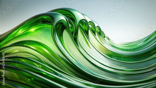 Realistic 3D render of a shiny, green glass wave, abstract and modern, on a white background.