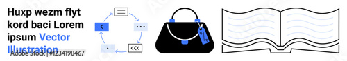 Circular chart with arrows, handbag with tags hanging, and wavy-lined open book. Ideal for workflow, process, fashion, education, design, branding publication flat landing page banner
