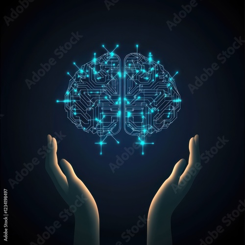 Glowing digital brain above hands, symbolizing AI technology and cybersecurity photo