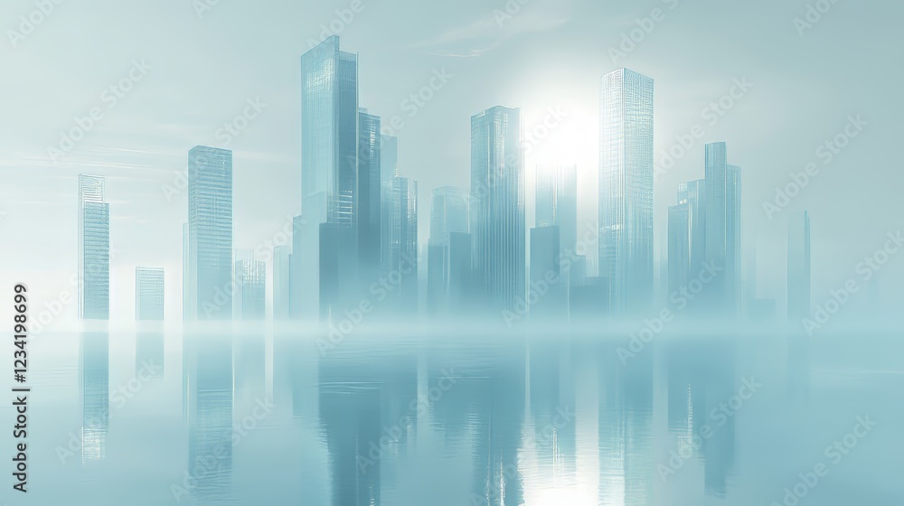 Serene misty skyline with towering glass buildings reflecting soft sunlight. Serene misty skyline with towering glass buildings reflecting soft sunlight.