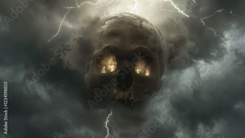 A Dark and Mysterious Skull Emerging from the Stormy Clouds