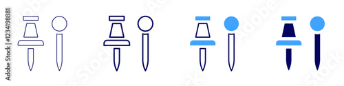 Push pin icon in 4 different styles. Thin Line, Line, Bold, and Bold Line. Duotone style. Editable stroke