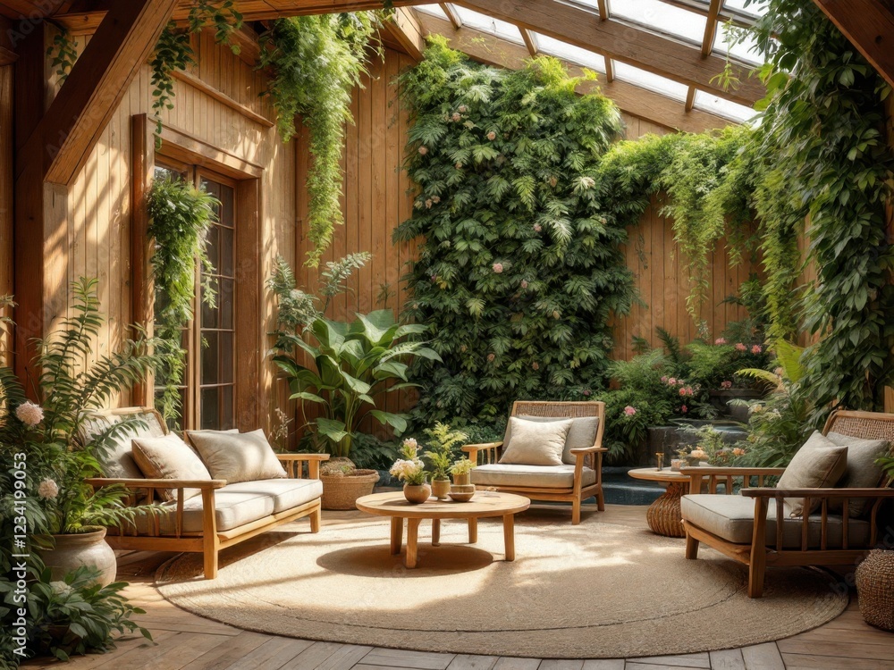Naklejka premium Cozy indoor garden with wooden furniture and lush greenery in sunlit room