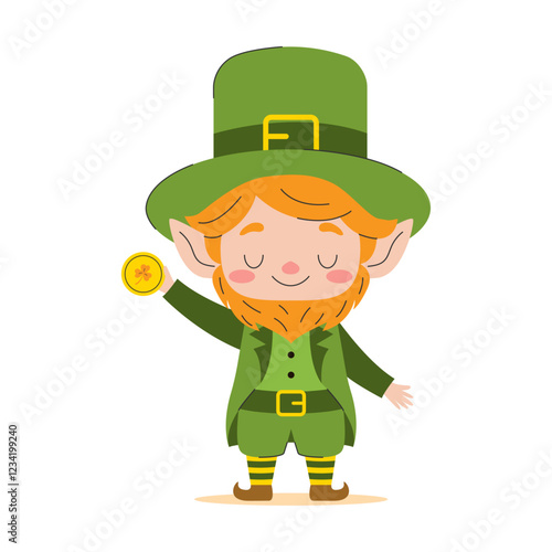 Cheerful Leprechaun with a gold coin. Vector illustration.